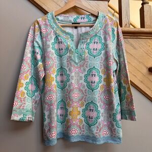 Talbots Women 3/4 Sleeve Tunic Top M Green Woodblock Paisley V Neck Pima Cotton